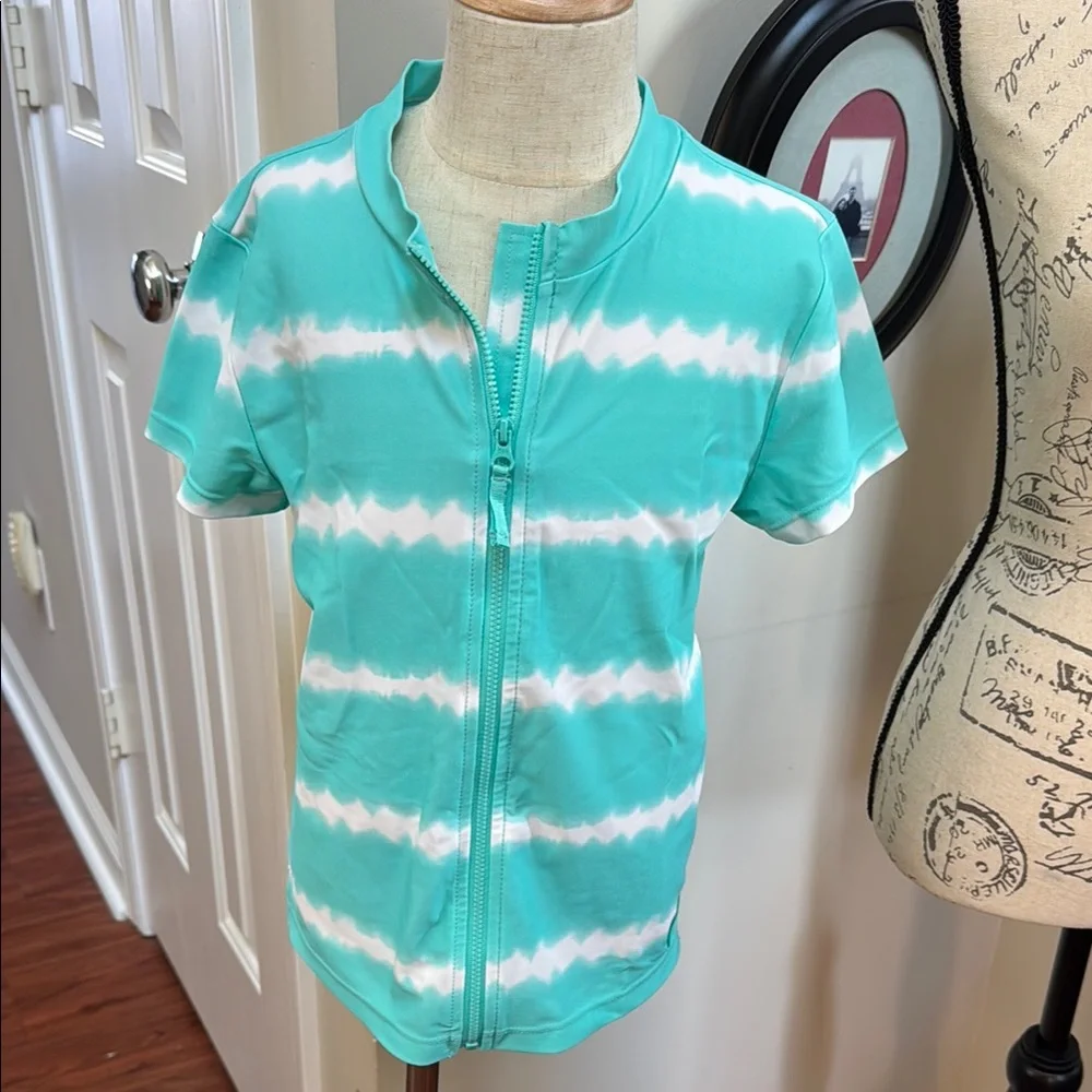 🏊‍♀️ GAP Kids Aqua & White Tie Dye Short Sleeve Zip Up Swim Rashguard XL/12 Girl